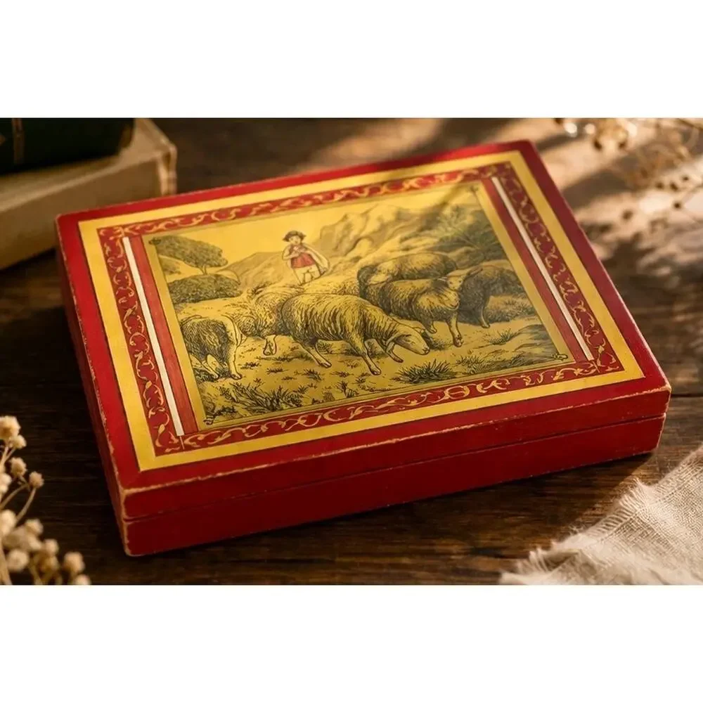 German Folk Art Wooden Box Alpine Shepherd Sheep Putz Style Trinket Decor